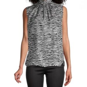 MaxMara Black and White Sleeveless Zebra Blouse with Mandarin Collar